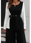 Kadın Uzun Kollu Açık Yakalı çift Renkli Kemerli Ithal Krep Ikili Takım