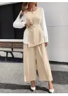 Kadın Uzun Kollu Açık Yakalı çift Renkli Kemerli Ithal Krep Ikili Takım