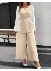 Kadın Uzun Kollu Açık Yakalı çift Renkli Kemerli Ithal Krep Ikili Takım