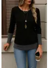 Kadın Uzun Kollu Açık Yuvarlak Yaka Blok Renkli Viskon Bluz