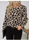 Kadın Uzun Kollu Arkadan Fiyonk Detaylı Leopar Desenli Süprem Bluz