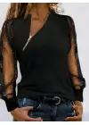 Kadın Uzun Kollu Asimetrik Fermuar Detaylı Viskon Iki Iplik Bluz