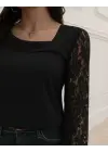 Kadın Uzun Kollu Asimetrik Yakalı Dantelli Ithal Krep Bluz