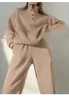 Kadın Uzun Kollu Balıkçı Dik Yakalı Düğmeli üç Iplik Bluz Ve Pantolon Ikili Takım