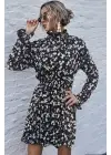 Kadın Uzun Kollu Balıkçı Yaka çiçek Baskılı Helen Kumaş Elbise