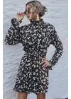 Kadın Uzun Kollu Balıkçı Yaka çiçek Baskılı Helen Kumaş Elbise