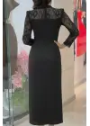 Kadın Uzun Kollu Balıkçı Yaka Dantel Detaylı Midi Ithal Krep Elbise