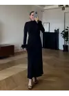 Modern Balıkçı Yaka Tüy Detaylı Krep Elbise