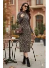 Kadın Uzun Kollu Balıkçı Yaka Leopar Desenli Midi Boy Elbise