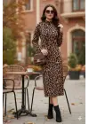 Kadın Uzun Kollu Balıkçı Yaka Leopar Desenli Midi Boy Elbise