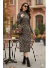 Kadın Uzun Kollu Balıkçı Yaka Leopar Desenli Midi Boy Elbise