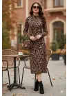Kadın Uzun Kollu Balıkçı Yaka Leopar Desenli Midi Boy Elbise