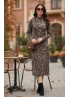 Kadın Uzun Kollu Balıkçı Yaka Leopar Desenli Midi Boy Elbise