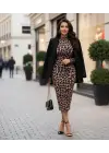 Kadın Uzun Kollu Balıkçı Yaka Leopar Desenli Midi Boy Elbise