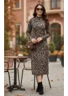 Kadın Uzun Kollu Balıkçı Yaka Leopar Desenli Midi Boy Elbise