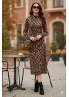 Kadın Uzun Kollu Balıkçı Yaka Leopar Desenli Midi Boy Elbise