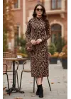 Kadın Uzun Kollu Balıkçı Yaka Leopar Desenli Midi Boy Elbise