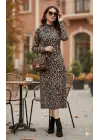 Kadın Uzun Kollu Balıkçı Yaka Leopar Desenli Midi Boy Elbise