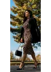 Kadın Uzun Kollu Balıkçı Yaka Leopar Desenli Midi Boy Elbise