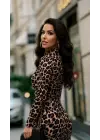 Kadın Uzun Kollu Balıkçı Yaka Leopar Desenli Midi Boy Elbise