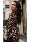 Kadın Uzun Kollu Balıkçı Yaka Leopar Desenli Midi Boy Elbise