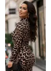 Kadın Uzun Kollu Balıkçı Yaka Leopar Desenli Midi Boy Elbise