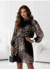 Kadın Uzun Kollu Balıkçı Yaka Leopar Desenli şifon Mini Elbise