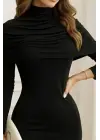 Kadın Uzun Kollu Balıkçı Yaka Omuz Katlamalı Dalgıç Kısa Elbise