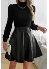 Kadın Uzun Kollu Balıkçı Yaka üst Kaşkorse Alt Deri Detaylı Mini Elbise