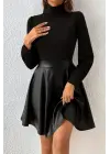 Kadın Uzun Kollu Balıkçı Yaka üst Kaşkorse Alt Deri Detaylı Mini Elbise