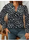 Kadın Uzun Kollu Baskılı Hakim Yaka Helen Kumaş Bluz