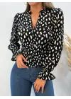 Kadın Uzun Kollu Baskılı Hakim Yaka Helen Kumaş Bluz
