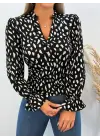 Kadın Uzun Kollu Baskılı Hakim Yaka Helen Kumaş Bluz