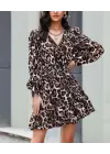 Kadın Uzun Kollu Beli Lastikli Etek Ucu Volanlı Leopar Desen Krep Elbise