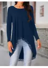 Kadın Uzun Kollu Bisiklet Yaka Asimetrik Kesim Detaylı Dantelli Viskon Bluz