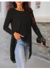 Kadın Uzun Kollu Bisiklet Yaka Asimetrik Kesim Detaylı Dantelli Viskon Bluz