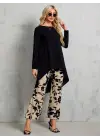 Kadın Uzun Kollu Bisiklet Yaka Asimetrik Kesim Detaylı Viskon Bluz Ve çiçek Desenli Iki Iplik Pantolon