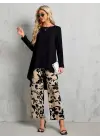 Kadın Uzun Kollu Bisiklet Yaka Asimetrik Kesim Detaylı Viskon Bluz Ve çiçek Desenli Iki Iplik Pantolon