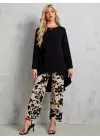 Kadın Uzun Kollu Bisiklet Yaka Asimetrik Kesim Detaylı Viskon Bluz Ve çiçek Desenli Iki Iplik Pantolon