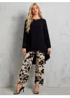 Kadın Uzun Kollu Bisiklet Yaka Asimetrik Kesim Detaylı Viskon Bluz Ve çiçek Desenli Iki Iplik Pantolon