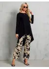 Kadın Uzun Kollu Bisiklet Yaka Asimetrik Kesim Detaylı Viskon Bluz Ve çiçek Desenli Iki Iplik Pantolon
