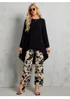 Kadın Uzun Kollu Bisiklet Yaka Asimetrik Kesim Detaylı Viskon Bluz Ve çiçek Desenli Iki Iplik Pantolon
