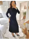 Kadın Uzun Kollu Bisiklet Yaka Belden çapraz Bağlamalı Yandan Yırtmaçlı Uzun Viskon Iki Iplik Elbise