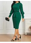 Kadın Uzun Kollu Bisiklet Yaka Beli Kuşaklı Ithal Krep Midi Elbise