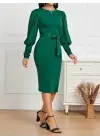 Kadın Uzun Kollu Bisiklet Yaka Beli Kuşaklı Ithal Krep Midi Elbise