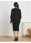 Kadın Uzun Kollu Bisiklet Yaka Beli Kuşaklı Ithal Krep Midi Elbise
