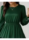Kadın Uzun Kollu Bisiklet Yaka Beli Lastikli Fırfırlı Ithal Krep Elbise