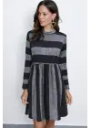 Kadın Uzun Kollu Bisiklet Yaka çizgili Desen Detaylı Süprem Mini Elbise