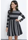 Kadın Uzun Kollu Bisiklet Yaka çizgili Desen Detaylı Süprem Mini Elbise