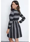 Kadın Uzun Kollu Bisiklet Yaka çizgili Desen Detaylı Süprem Mini Elbise
